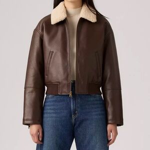 Faux Leather Bomber Jacket with Sherpa Collar
